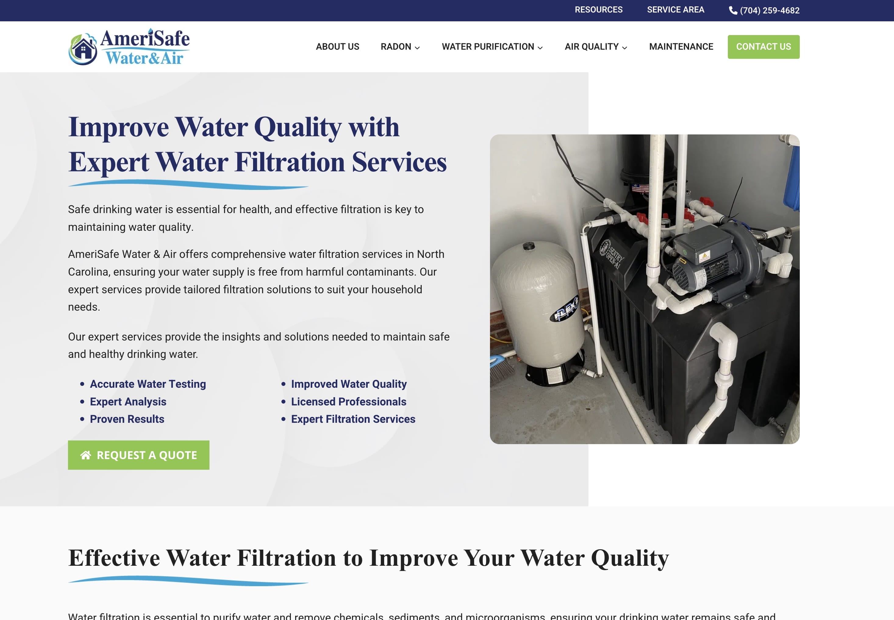 Screenshot AmeriSafe's water treatment website created by AdeptPlus