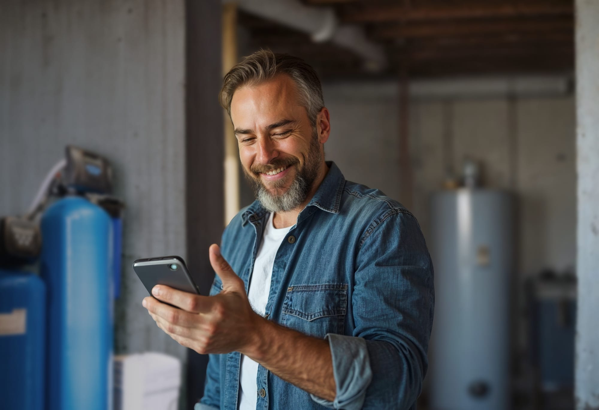 A water treatment contractor who used AdeptPlus Water Treatment Marketing / Web Design talking on his phone to new leads